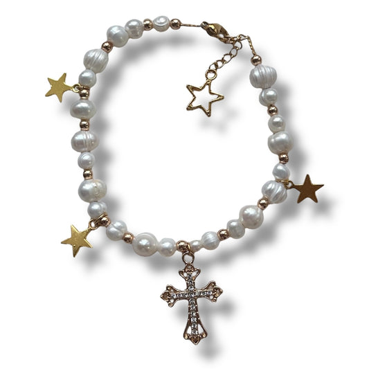 Gold Cross Pearl Bracelet